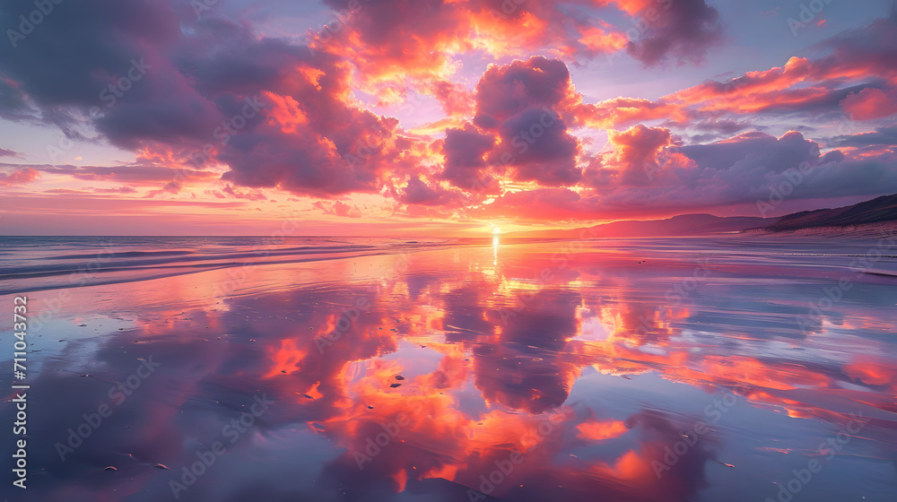 Fototapeta premium A stunning image of a sunset with clouds reflected on the sand