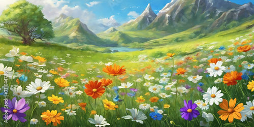 Fototapeta Naklejka Na Ścianę i Meble -  Spring landscape, blossoming field with green grass, colored flowers, blue sky with clouds, trees and mountains on the horizon. Nature illustration