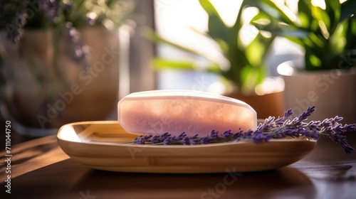 Closeup of a leafshaped soap dish made from sustainable bamboo, holding a bar of allnatural lavender soap. photo
