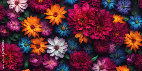 Colorful background of many bright flowers of different types. Nature illustration