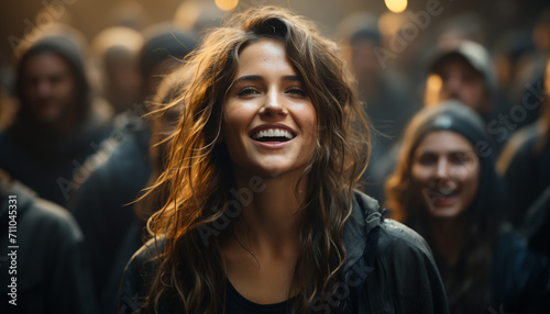 Smiling young adults, happiness, cheerful women, group of people outdoors generated by AI