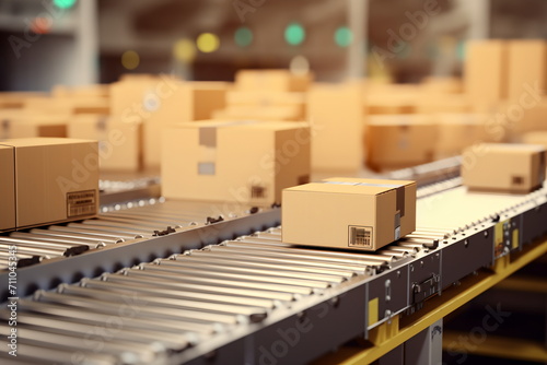 Cardboard boxes on a conveyor belt in a warehouse © Adobe Contributor