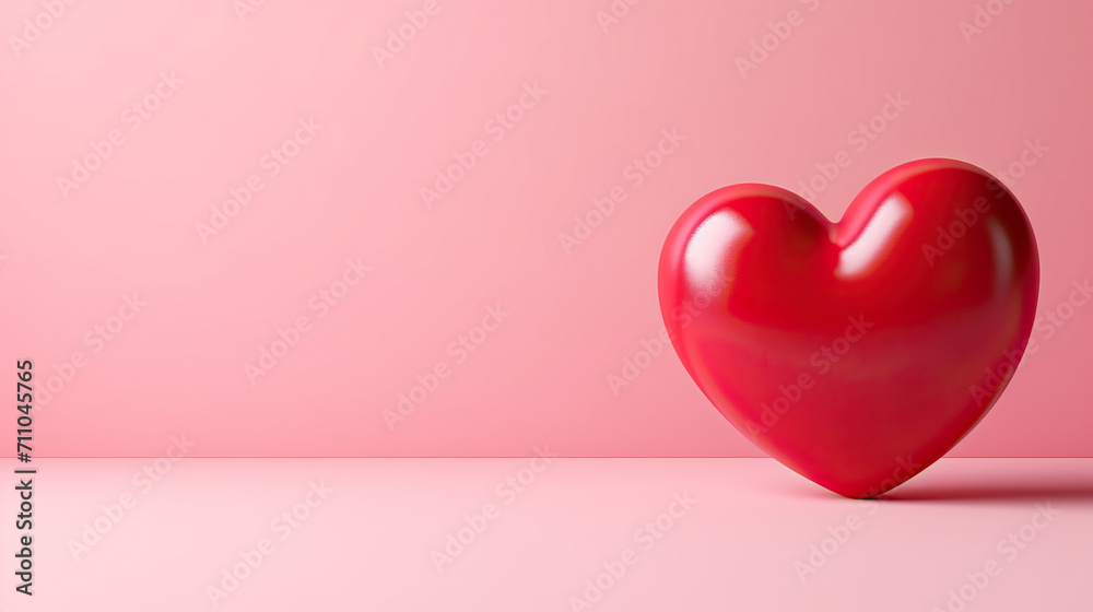 3d Valentine's Day red heart on pink background with copy space, Valentine's Day background