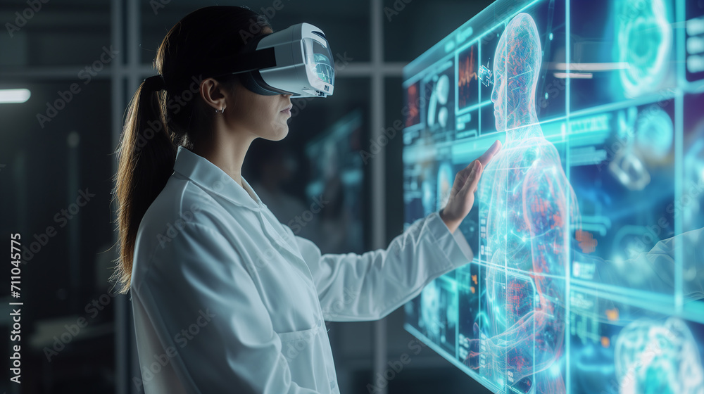 Healthcare education: doctor in VR headset engages with futuristic equipment for scan review
