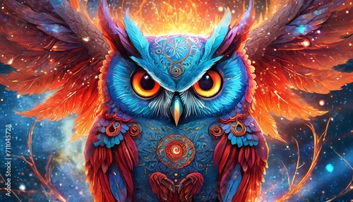 Celestial, zodiac phoenix red and blue owl