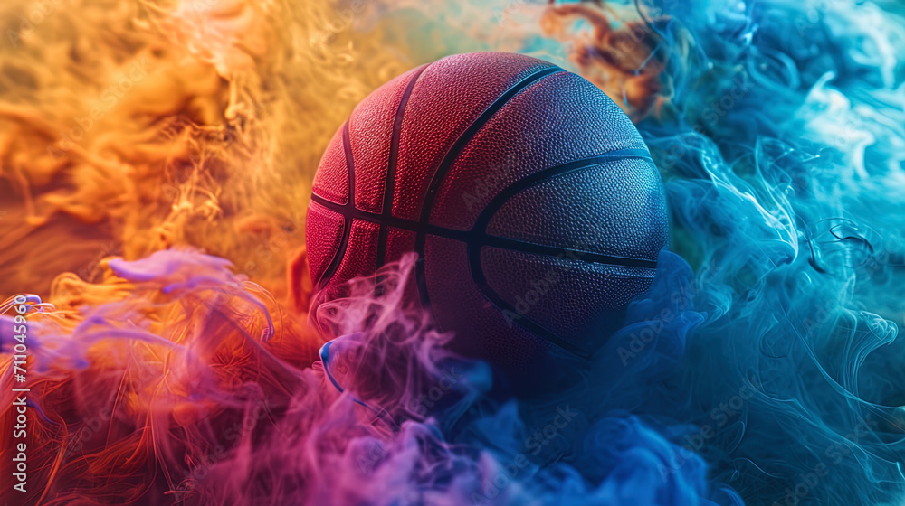 Against a mesmerizing backdrop of colorful smoke, a basketball adds a burst of energy and exciteme Against a mesmerizing backdrop of colorful smoke, a basketball adds a burst of energy and exciteme