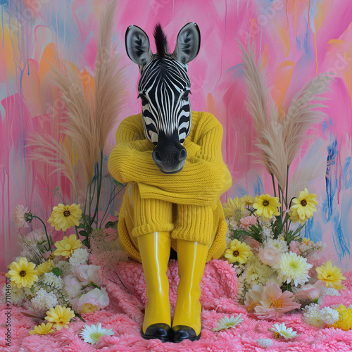 A sad looking zebra sitting in a yellow knitted sweater and boots surrounded by colorful flowers
