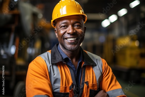 Portrait of a smiling African American man wearing a hard hat in a factory