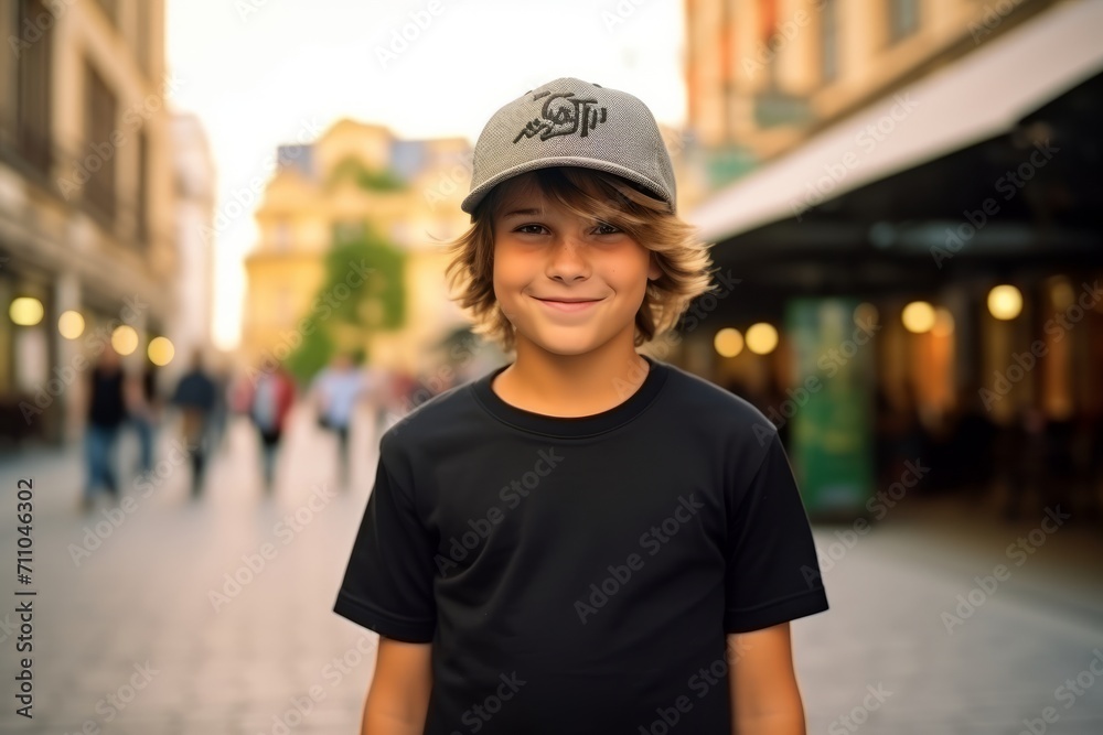 Portrait of a young boy in a cap on the street. Portrait of a young boy in a cap on the street.