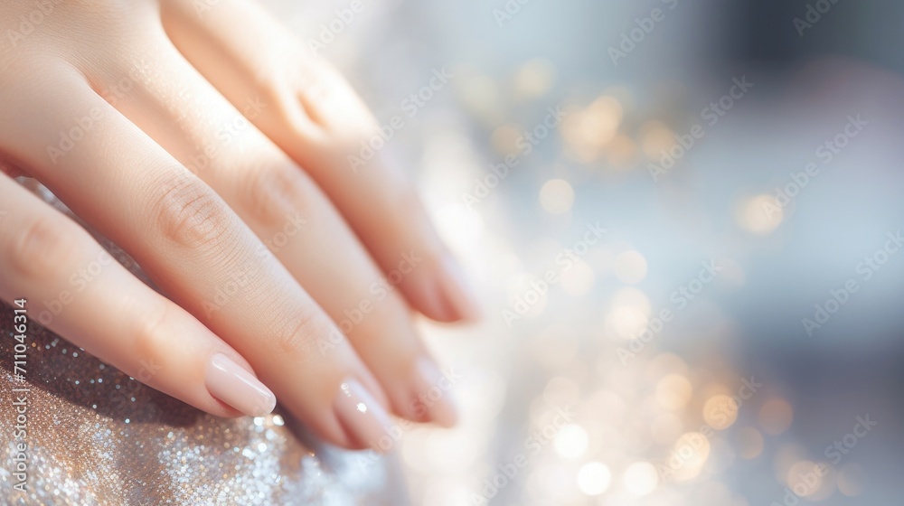 Naklejka premium Closeup of a models perfectly manicured hands and nails, showcasing a shimmering nail polish.