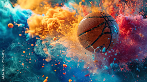 A basketball in flight takes center stage against a backdrop of colorful smoke, capturing the esse © JVLMediaUHD