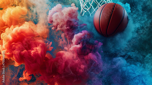 A basketball in play becomes a captivating subject against a canvas of vibrant smoke, blending ath © JVLMediaUHD