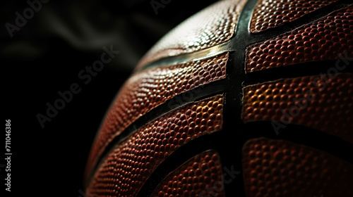 A basketball, sleek and dynamic, contrasts boldly against a dramatic black background, creating a