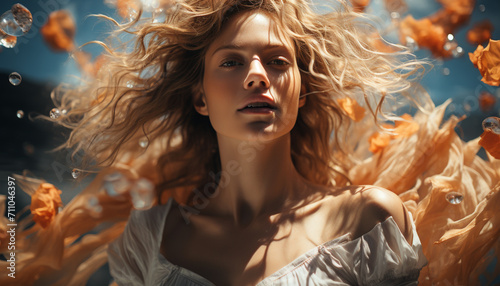 Young woman with long blond hair smiling outdoors, enjoying the wind generated by AI