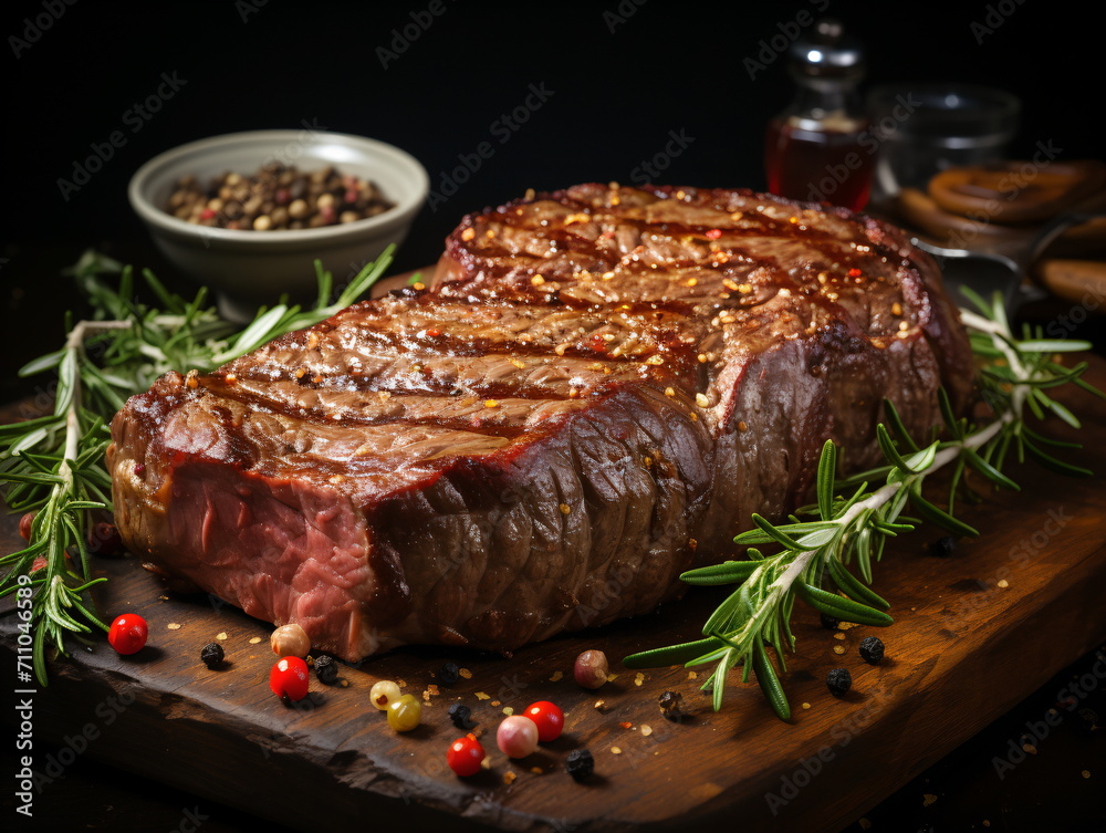 A delicious juicy grilled steak with rosemary and spices A delicious juicy grilled steak with rosemary and spices