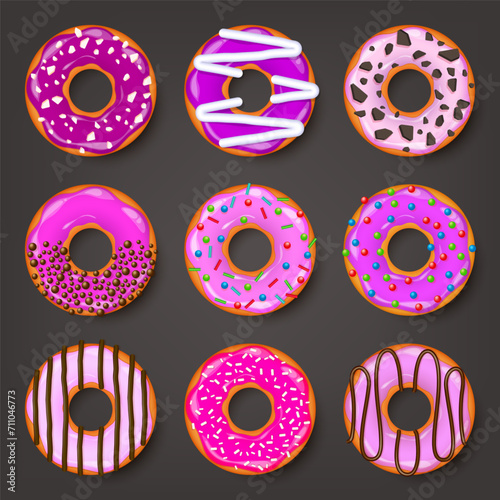 Donut, begel with cream. Cookies,cookie cake set. Sweet dessert with sugar and caramel. Tasty breakfast cooking. Cafateria food, snack. Coffee shop.Vector illustration.