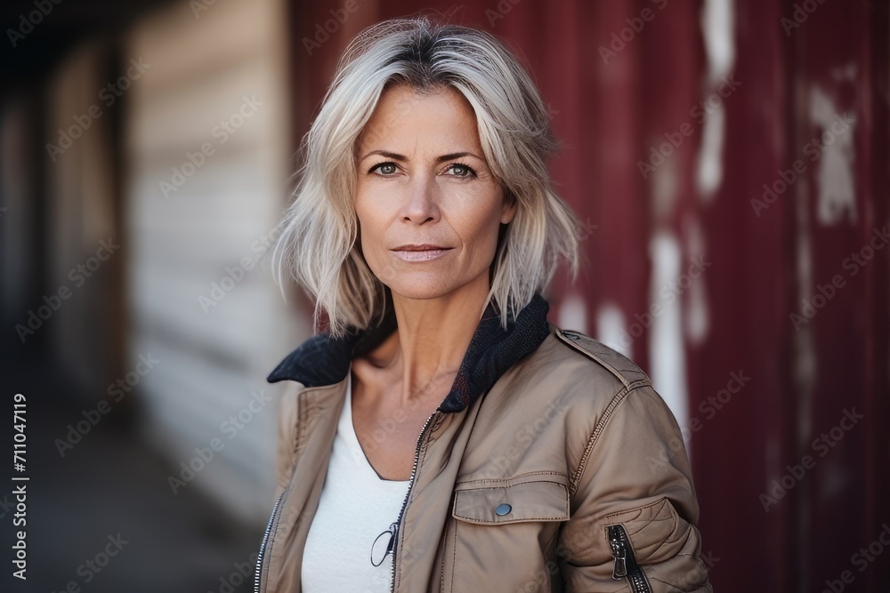 Portrait of a beautiful middle-aged woman in a leather jacket