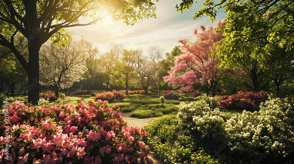 A panoramic perspective unveils the springtime magic as flowers burst into bloom, creating a stunn