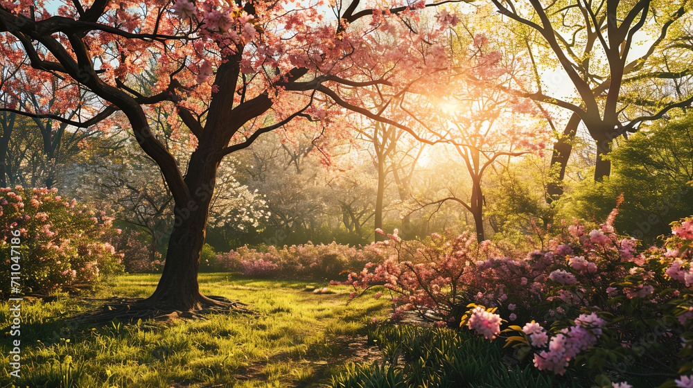 A panoramic perspective unveils the springtime magic as flowers burst into bloom, creating a stunn A panoramic perspective unveils the springtime magic as flowers burst into bloom, creating a stunn