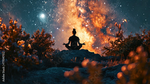A peaceful silhouette meditates against the celestial allure of stars and cosmic dust in the backg photo