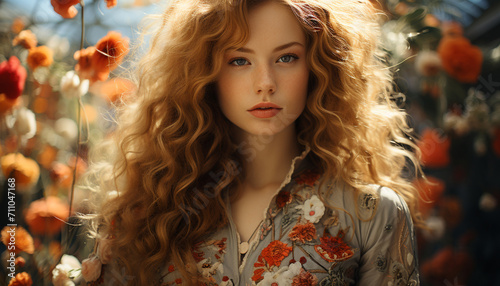 A beautiful young woman with long blond hair in nature generated by AI