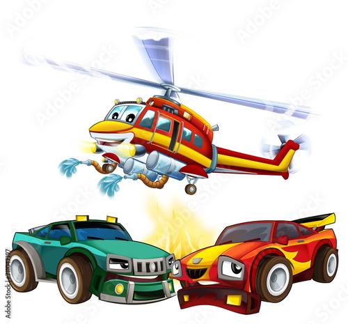 cartoon scene with two sports cars crashing in accident with flying fireman helicopter isolated illustration for children