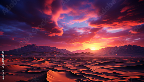 Majestic mountain range, tranquil sunset, sandy dunes, nature beauty generated by AI