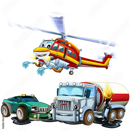 cartoon scene with two cars crashing in accident sports car and construction site cistern with flying fireman helicopter isolated illustration for children