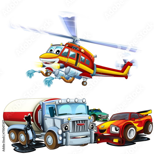 cartoon scene with two cars crashing in accident sports car and construction site cistern with flying fireman helicopter isolated illustration for children