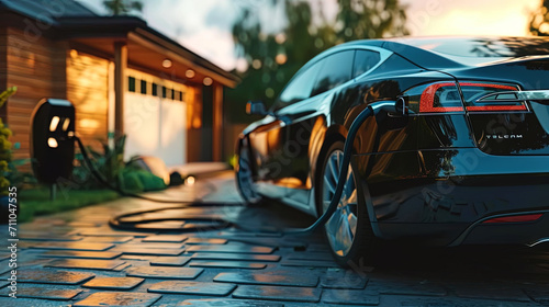 A snapshot of an electric car gracefully charging in the comfort of its home setting