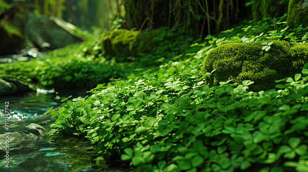 A verdant carpet of clover sprawls across the landscape, painting the ground with shades of green A verdant carpet of clover sprawls across the landscape, painting the ground with shades of green