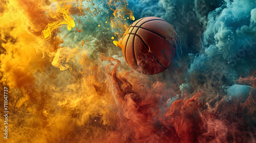 A vibrant basketball bounces energetically against a backdrop of colorful smoke, creating a dynami