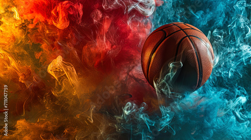 A vibrant basketball bounces energetically against a backdrop of colorful smoke, creating a dynami