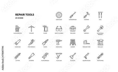 repair renovation maintenance tool engineer technician detailed outline line icon set