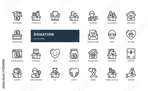 donation charity care volunteer community donate sharing detailed outline line icon set