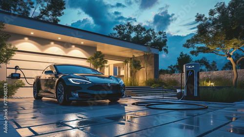 Envision the future of transportation with a serene view of an electric car replenishing its energ