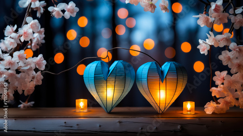 two hearts made of thin paper with candles in a romantic room for Valentine's Day