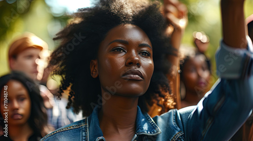 In a collective display of solidarity, a black woman confidently leads a group of people in a marc photo