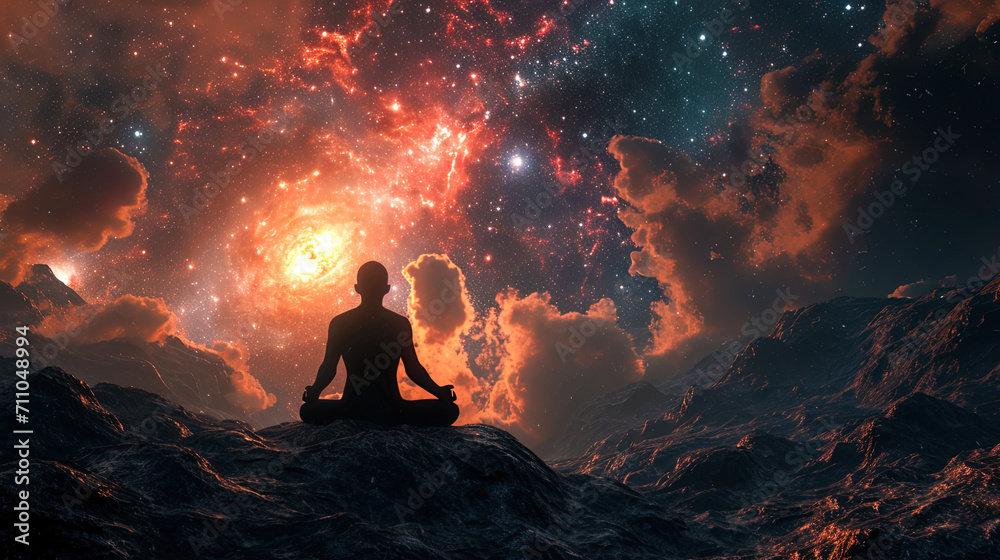 In the cosmic vastness, a silhouette engages in meditation amidst a backdrop of stars and cosmic d In the cosmic vastness, a silhouette engages in meditation amidst a backdrop of stars and cosmic d