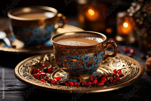 Türkischer Kaffee, Heiße Tasse Kaffee in Mokkatasse angerichtet mit Kaffebohnen und Porzellan im Hintergrund