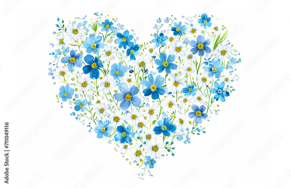 Blue and white summer flowers in heart of shape. Illustration on white background. Minimalistic floral illustration. Blue and white summer flowers in heart of shape. Illustration on white background. Minimalistic floral illustration.