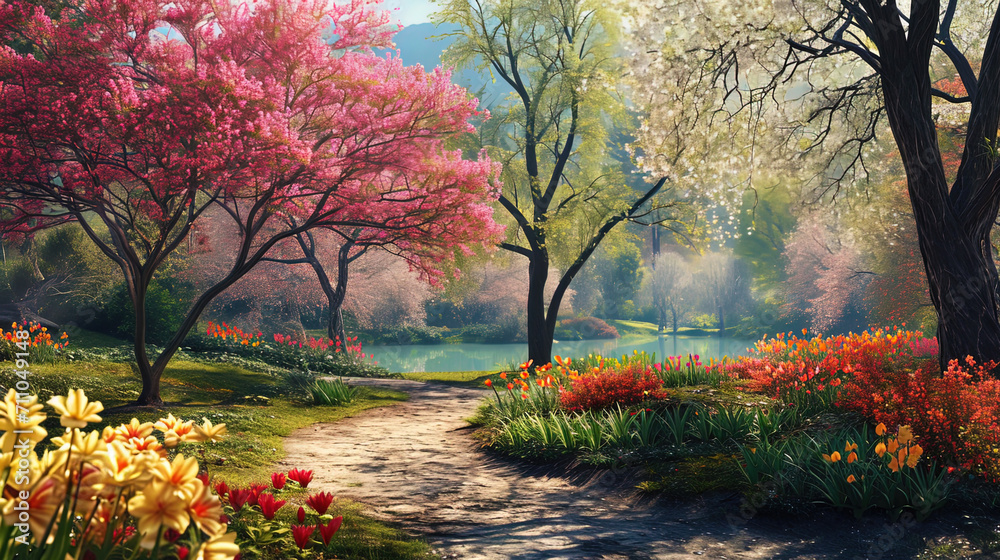 Naklejka premium Nature's artistry is on full display in this panoramic view, where the park transforms into a symp