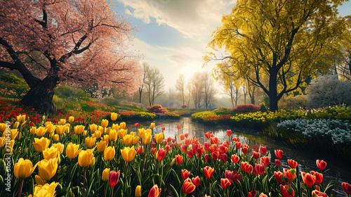 Nature's celebration comes to life in a panoramic view of a park adorned with an array of spring f photo