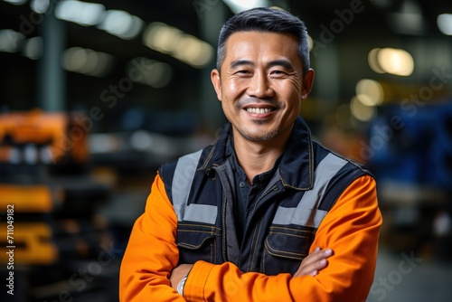 Portrait of a smiling Asian man in an orange safety vest standing in a factory © duyina1990