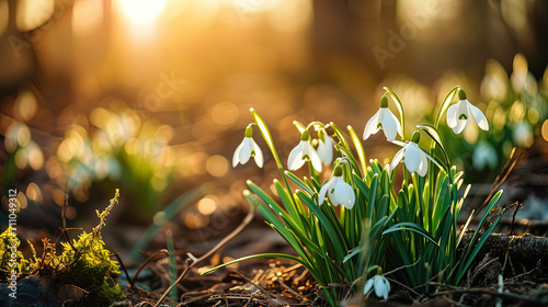 Outdoors, delicate white snowdrop flowers unfurl their petals, embracing the warmth of the sunligh #711049312