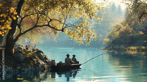 On the tranquil river bank, the older couple connects through a shared fishing adventure for two