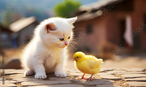 A cute kitten and chicken on the farm. photo