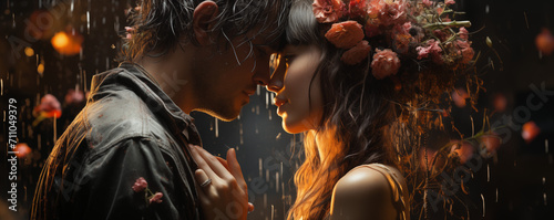 Pärchen küsst sich im Sommerregen, Goldene Stunde, Romantik photo