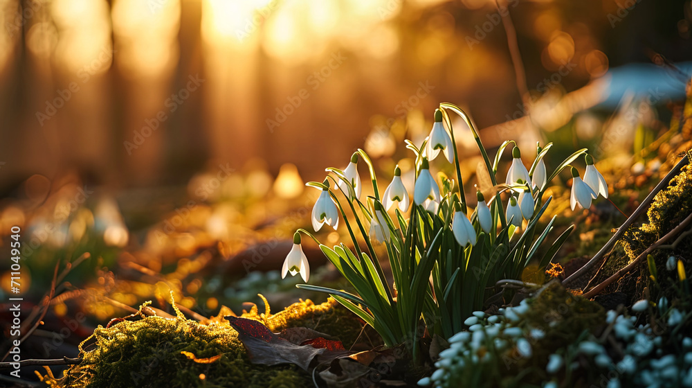 Sunlight caresses the delicate white snowdrop flowers, creating a picturesque outdoor scene - obrazy, fototapety, plakaty 