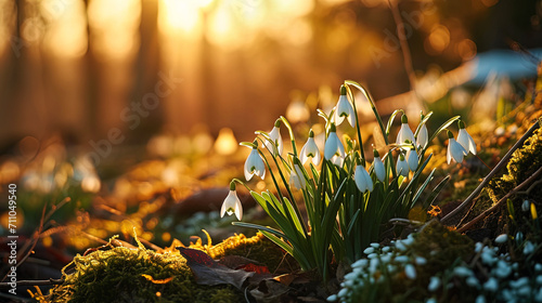 Sunlight caresses the delicate white snowdrop flowers, creating a picturesque outdoor scene photo